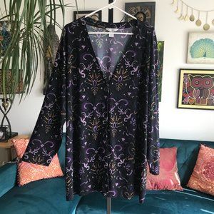 CJ BANKS size 1X Black Purple & Gold Print Stretch Jersey Cardigan Top